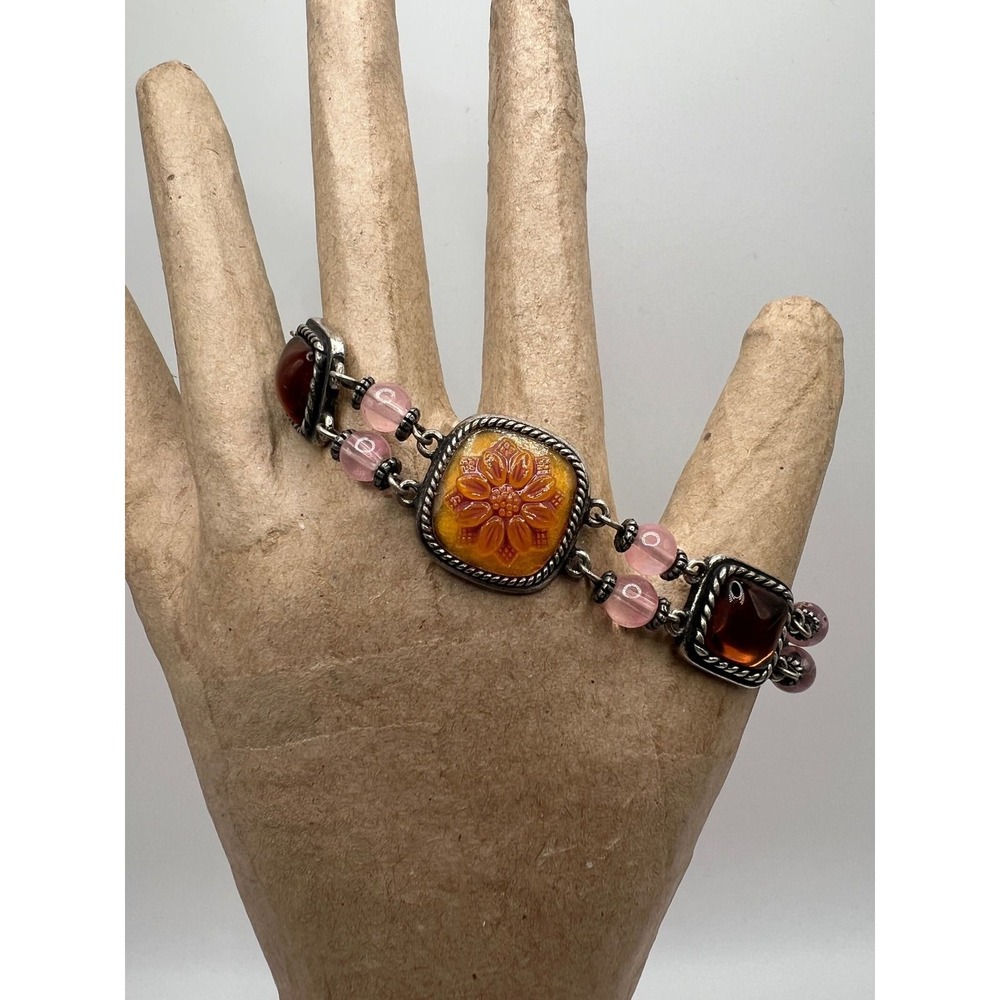 Floral Panel Resin‎ Gel Bracelet Boho Coquette Y2K Pink Orange Resin 7in